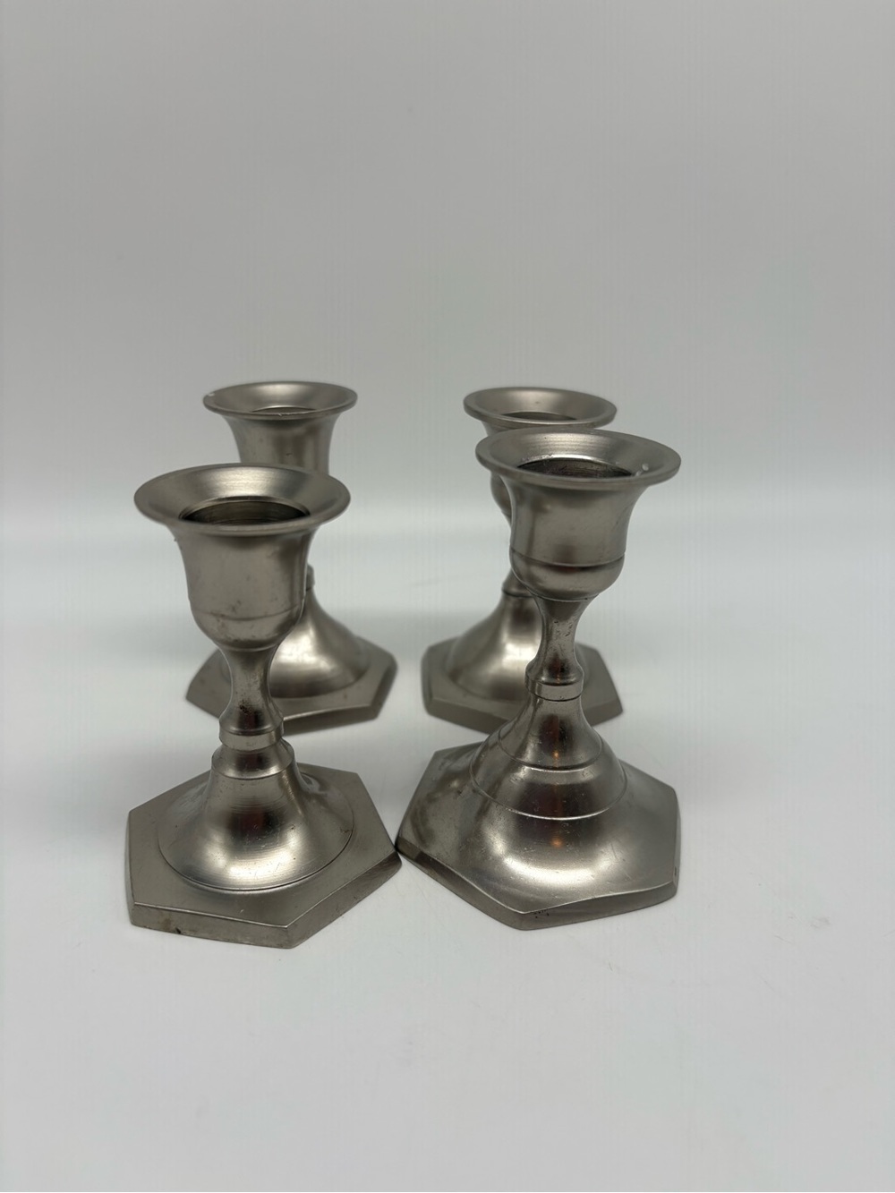 Set of 4 Vintage Pewter Hexagonal Candlesticks Holders